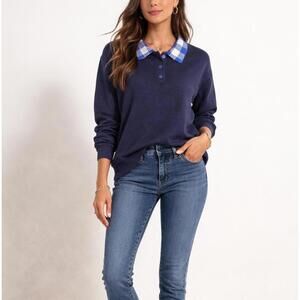 NWT Curations x TY Mayberry Women’s Navy Knit Sweater Top Blue Gingham Collar XL